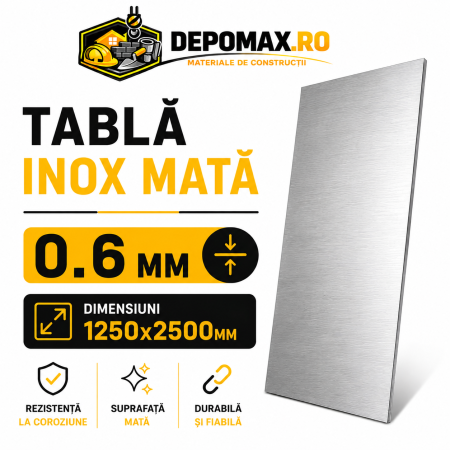 Tabla inox mata AISI 304 2B, 0.6 x 1250 x 2500 mm, 3.125 mp